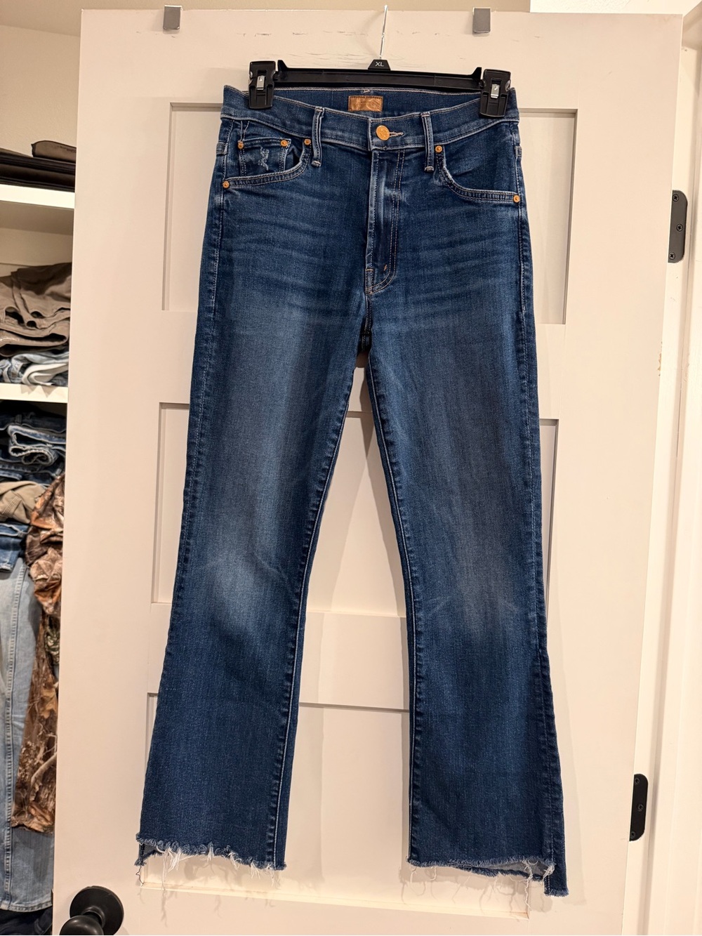 MOTHER Dark Blue Flare Jeans with Raw Hem